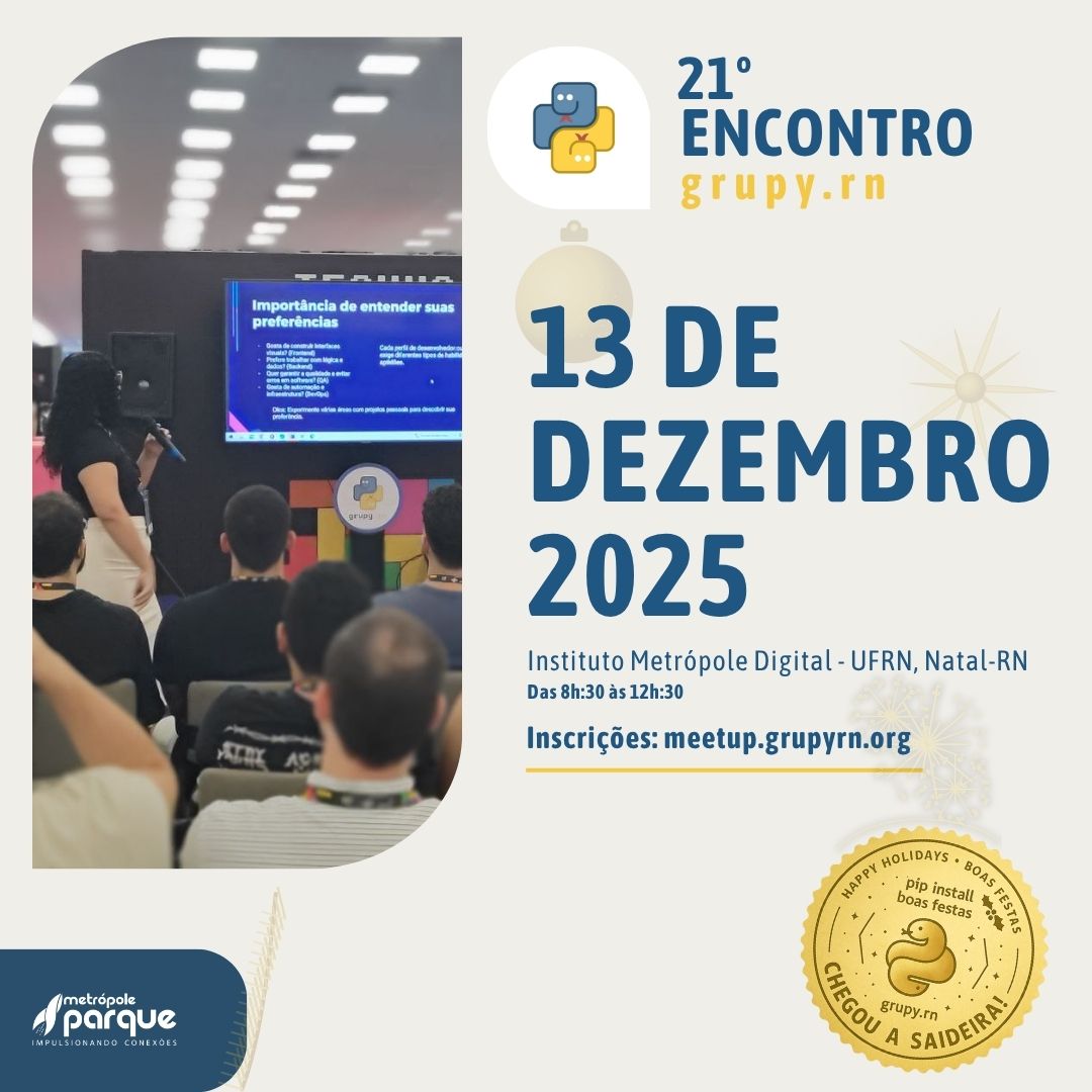 Cartaz de divulgação do evento. No cartaz, há a informação da data do evento, o período do dia que ocorrerá e o local. O mesmo é decorado com ornamentos das festas de fim de ano.