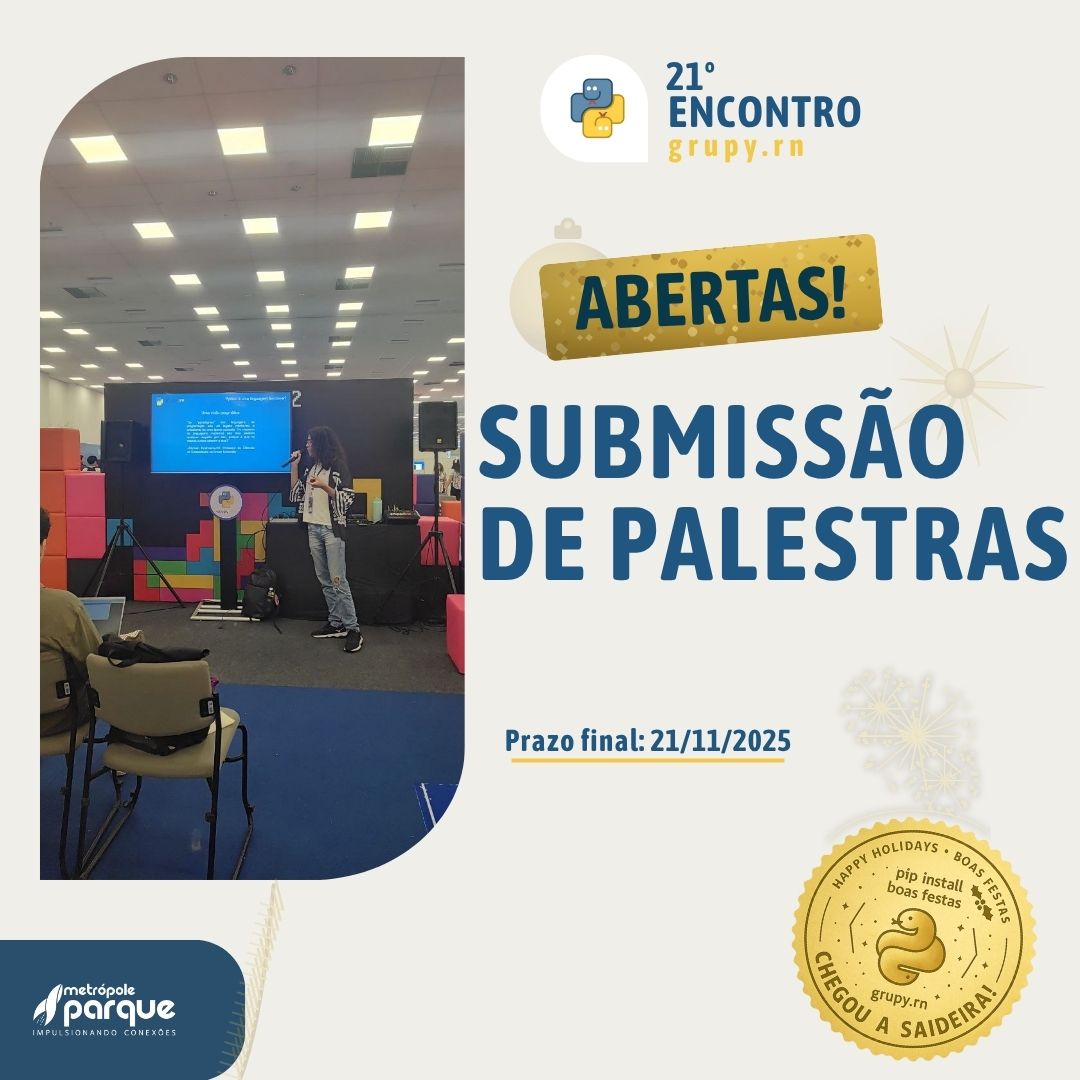 Cartaz de abertura para a submissão de palestras. O mesmo tem ornamentos de fim de ano em sua decoração e informa o prazo final para a submissão de atividades.
